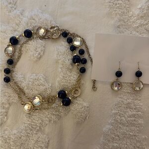 Gold/Navy/Crystal Necklace and Earrings Set